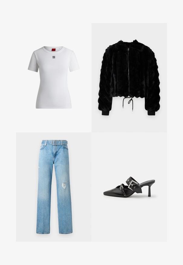 Sort imitation pels cropped jakke med lynlås i front, ribbede manchetter og snoretræk i kanten. Struktureret stof i et puffet, stribet design.; Hvid bomulds T-shirt med rund halsudskæring og korte ærmer. Har et lille sort "HUGO" logo på brystet. Glat tekstur.; Lys blå denim jeans med bred ben, der har slidte detaljer ved knæene og et klassisk fem-lomme-design med bæltestropper.; Sorte højhælede mules med spids tå, lavet af glat læder. Har et bredt ankelrem med en firkantet sølv spænde og nitter.