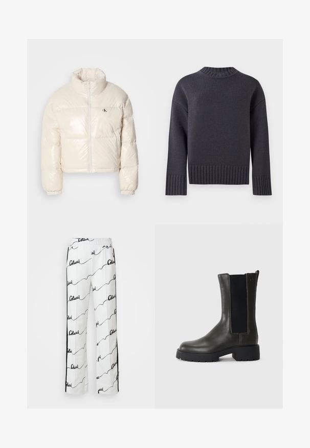 Kuttet pufferjakke i skinnende off-white materiale, med høy krage, frontglidelås og liten svart logo på venstre bryst.; Marineblå strikkegenser med høy ribbestrikket krage og brede ribbestrikkede mansjetter og nederkant. Har en avslappet passform og strukturert stoff.; Hvite bomullsbukser med et gjentakende svart skriptmønster. Rett ben-design med elastisk midjebånd og sidestreker.; Grønn skinn ankelstøvel med elastiske sidepaneler, rund tå og gummisal. Har en teksturert overflate og blokkhæl.