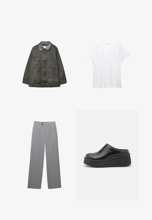 Ciemnoszara kurtka o lekko teksturowanym materiale, z czarnym skórzanym kołnierzem, dwoma przednimi kieszeniami i luźnym krojem.; Biała koszulka wykonana z miękkiej, lekkiej tkaniny. Posiada okrągły dekolt oraz krótkie, szerokie rękawy, zapewniające luźny krój. Brak widocznych wzorów.; Szare dopasowane spodnie o szerokich nogawkach, z płaskim przodem i subtelnie chropowatą fakturą. Posiadają pojedyncze zapięcie na guzik oraz czyste linie.; Czarne, błyszczące klapki na platformie z zaokrąglonym noskiem, wygiętym w górę cholewką i kontrastującym białym przeszyciem wzdłuż krawędzi podeszwy.
