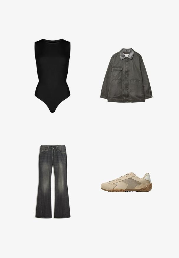 Donkergrijze jas van een licht gestructureerde stof, met een zwarte leren kraag, twee voorzakken en een los model.; Zwarte mouwloze bodysuit van rekbaar materiaal, met een hoge halslijn en een strakke pasvorm met een stringonderkant. Geen patronen of hardware.; Uitlopende spijkerbroek van donker denim met een lichte vervaging, vijf zakken en contraststiksels, voorzien van een standaard knoop- en ritssluiting.; Beige sportieve schoen met een bovenwerk van suede en mesh, een gestructureerde rubberen zool en platte veters. Gladde accenten bij de hiel met een afgerond teenontwerp.