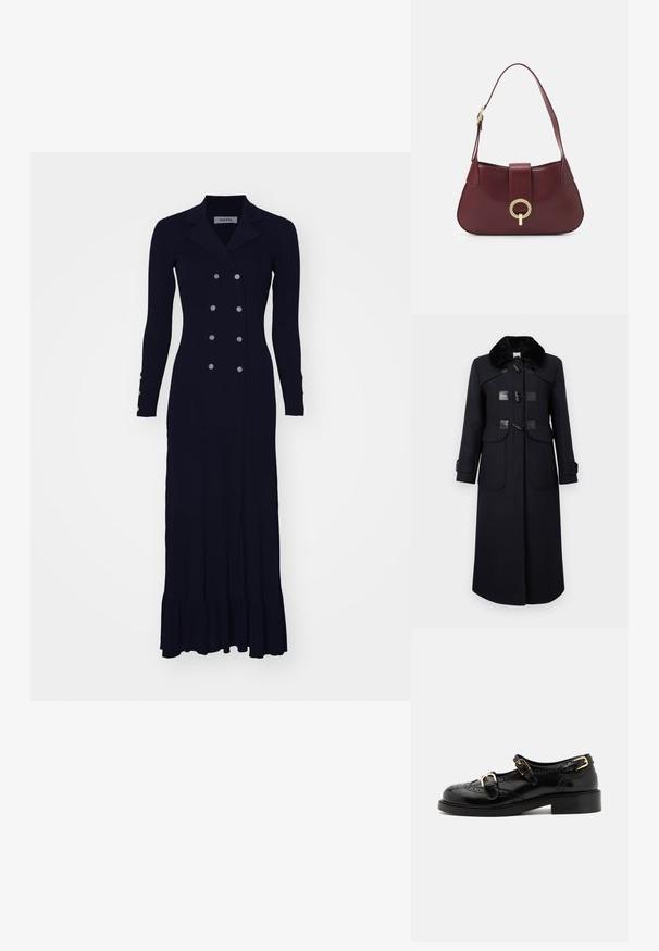 Ναυτικό μάλλινο παλτό με ψεύτικη γούνα στη γιακά, με κούμπωμα τύπου toggle, δύο μπροστινές τσέπες και κομψές ραφές για εφαρμοστό σχήμα.; Μαύρο ριμπ πλεκτό μακρύ φόρεμα με διπλή σειρά κουμπιών μπροστά, γιακά με εγκοπή και φαρδύ στρίφωμα. Διαθέτει ασημί κουμπιά στα μανίκια.; Μαύρα δερμάτινα παπούτσια με μπρογχοειδή λεπτομέρεια, διαθέτοντας δύο ζώνες με αγκράφες, στρογγυλή μύτη και χαμηλό τακούνι. Λείος υφή με γυαλιστερό φινίρισμα.; Μπορντό δερμάτινη τσάντα χειρός με καμπυλωτό σχήμα, χρυσή κυκλική λεπτομέρεια και μία μόνο λουρί. Λείος υφή, μινιμαλιστικός σχεδιασμός.