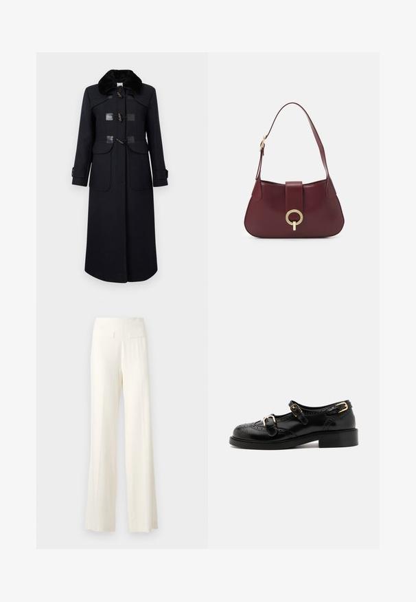 Merinovillasta valmistettu tummansininen takki, jossa on tekoturkiskaulus. Takissa on nyörikiinnitys, kaksi etutaskua ja muotoillut saumat, jotka luovat vartalonmyötäisen siluetin.; Musta pitkähiha-aita, jossa on teksturoitu kangas, röyhelöhelma ja valkoiset röyhelökoristeet kauluksessa ja hihoissa. Sisältää keskeisen silmukkakiinnityksen.; Kangaroo lebar berwarna ivory dengan kain tekstur, menampilkan garis-garis vertikal halus dan dua saku belakang.; Musta nahkakengät brogue-yksityiskohdilla, joissa on kaksi solkea, pyöristetty kärki ja matala korko. Sileä pinta kiiltävällä viimeistelyllä.; Burgunderfärgad läderhandväska med en kurvad form, en guldfärgad cirkulär detalj och ett enda axelband. Slät textur, minimalistisk design.