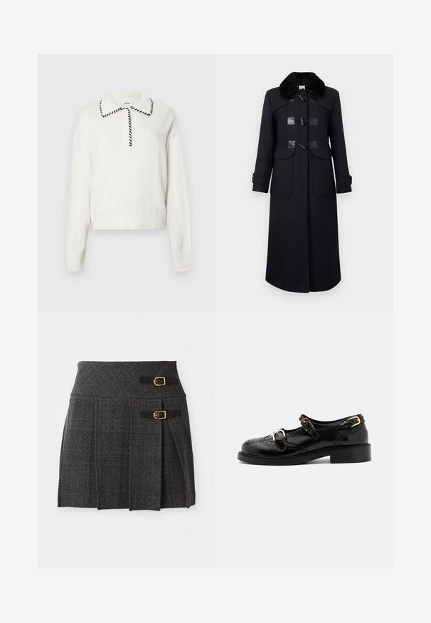 Marineblauer Wollmantel mit einem Kragen aus Kunstfell, ausgestattet mit Toggle-Verschlüssen, zwei vorderen Taschen und taillierten Nähten für eine figurbetonte Silhouette.; Weißer Strickpullover mit einem kragen in schwarz, ausgestattet mit einer Knopfleiste sowie gerippten Bündchen und Saum für einen taillierten Look.; Grauer Karorock mit tailliertem Bund, versehen mit doppelten Schnallenakzenten und Falten. Hergestellt aus strukturiertem Stoff mit gewebtem Design.; Schwarze Lederschuhe mit Broguedetails, ausgestattet mit zwei Schnallenriemen, einer abgerundeten Zehenpartie und einem flachen Absatz. Glatte Textur mit glänzendem Finish.