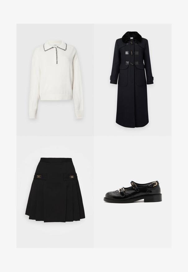 Merinovillasta valmistettu tummansininen takki, jossa on tekoturkiskaulus. Takissa on nyörikiinnitys, kaksi etutaskua ja muotoillut saumat, jotka luovat vartalonmyötäisen siluetin.; Valkoinen neulepusero, jossa on musta reunus kauluksessa, napitettu etusulku ja ribbireunukset hihoissa ja helmassa, joka antaa tiukan ilmeen.; Musta laskostettu hame kullansävyisillä yksityiskohdilla. Sivutaskut logotiedoilla, valmistettu sileästä materiaalista. A-linjainen siluetti.; Musta nahkakengät brogue-yksityiskohdilla, joissa on kaksi solkea, pyöristetty kärki ja matala korko. Sileä pinta kiiltävällä viimeistelyllä.