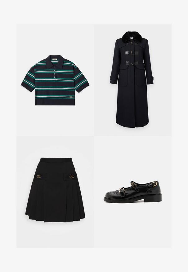 Palton din lână bleumarin cu guler din blană artificială, dotat cu prinderi cu toggle, două buzunare frontale și cusături ajustate pentru o siluetă conică.; Polo din bumbac cu dungi navy, cu mâneci scurte, având dungi în culorile teal, alb și gri. Deschidere cu trei nasturi și detaliu cu logo pe margine.; Fustă plisată neagră cu accente din metal aurit. Prezintă buzunare laterale cu detalii ale logo-ului, realizată dintr-un material neted. Siluetă în formă de A.; Pantofi din piele neagră cu detalii brogue, având două curele cu cataramă, vârf rotund și toc jos. Textură netedă cu finisaj lucios.
