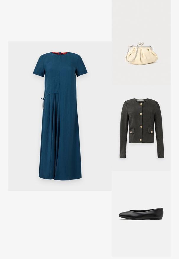 Tmavosivý dlhý rukáv kabát s zlatými dekoratívnymi gombíkmi vpredu a na falošných vreckách s klopou, okrúhly výstrih a priliehavý strih.; Tyrkysové šaty s krátkymi rukávmi, jednoduchým okrúhlym výstrihom a mierne asymetrickým strihom. Obsahujú detail s bočným viazaním a mäkkú textúru.; Paul Smith TOPANGA - Balerínky - black; Zhlý béžový kožený klobúk so strieborným kovovým rámom, ktorý má dve okrúhle dekoratívne zámky a strieborný reťazový popruh.