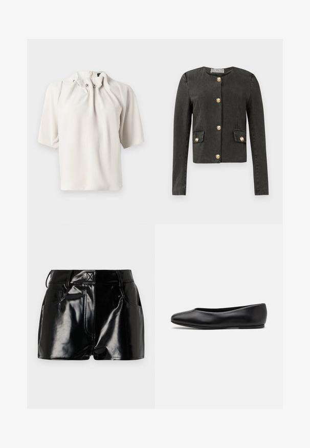 Dark gray long-sleeve jacket with gold decorative buttons down the front and on faux flap pockets, round neckline, and fitted cut.; Short-sleeve, light beige blouse with a gathered neckline, featuring decorative buttons and a concealed back zipper. Smooth fabric texture.; Black, glossy shorts made of synthetic material. Features a fitted waist, belt loops, and front pockets with prominent stitching details.; Paul Smith TOPANGA - Ballet pumps - black