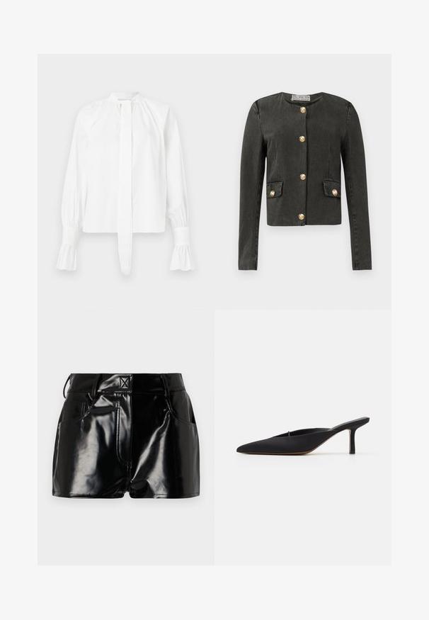 Donkergrijze lange mouwen jas met gouden decoratieve knopen aan de voorkant en op nep-flapzakken, ronde halslijn en getailleerde pasvorm.; Witte blouse met lange mouwen van katoen, met een mandarin kraag, strikdetail en gerimpelde mouwbanden. Soepele textuur en minimalistisch ontwerp.; Zwarte, glanzende shorts van synthetisch materiaal. Heeft een aansluitende taille, riemlussen en voorzakken met opvallende stikseldetails.; Zwarte muiltje met spitse neus en een strak ontwerp, gemaakt van gladde stof, met een slanke hak en open achterkant voor gemakkelijk aan- en uittrekken.