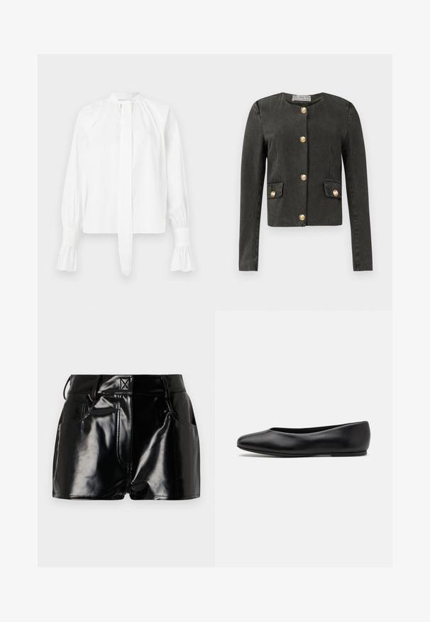 Dark gray long-sleeve jacket with gold decorative buttons down the front and on faux flap pockets, round neckline, and fitted cut.; White long-sleeve blouse in cotton with a mandarin collar, tie detail, and gathered sleeve cuffs. Smooth texture and minimalistic design.; Black, glossy shorts made of synthetic material. Features a fitted waist, belt loops, and front pockets with prominent stitching details.; Paul Smith TOPANGA - Ballet pumps - black