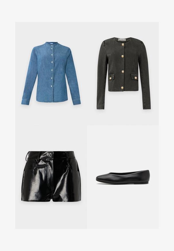 Dunkelgraue Langarmjacke mit goldenen dekorativen Knöpfen an der Vorderseite und an den falschen Klappentaschen, runder Ausschnitt und taillierter Schnitt.; Blaue Denim-Hemd mit langen Ärmeln, Stehkragen und weißen Knöpfen auf der Vorderseite.; Schwarze, glänzende Shorts aus synthetischem Material. Mit einem taillierten Bund, Gürtelschlaufen und vorderen Taschen mit auffälligen Nähdetails.; Paul Smith TOPANGA - Klassischer Ballerina - black