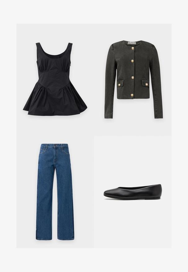 Tumši pelēks gara piedurkne jaciņa ar zeltītām dekoratīvām pogām priekšā un uz viltotajām kabatām, apaļa kakla izgriezums un pieguļošs griezums.; Melna bez piedurknēm kleita ar izgrieztu kakla izgriezumu, savilktu jostas vietu un izplešanos apakšā. Izgatavota no viegla auduma ar gludu tekstūru un minimālām vīlēm.; Zilas augstās jostas platajās biksēs ir priekšējās un aizmugurējās kabatas, pogu aizdare un redzama diegu šuvuma uz balta fona.; Paul Smith TOPANGA - Balerīnas laiviņas - black