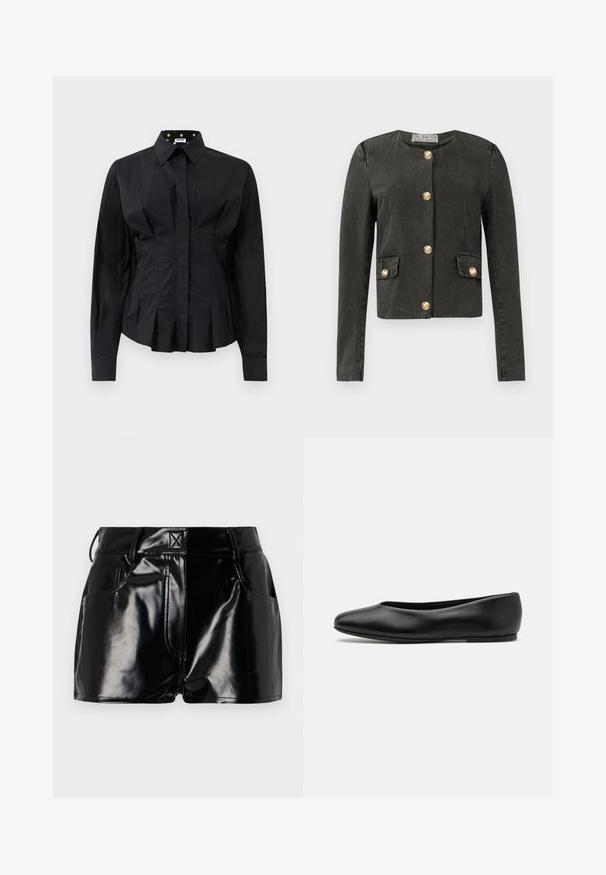 Dark gray long-sleeve jacket with gold decorative buttons down the front and on faux flap pockets, round neckline, and fitted cut.; Black long-sleeve fitted shirt with structured pleats below the waist and a collar lined with gold polka dots on black fabric.; Black, glossy shorts made of synthetic material. Features a fitted waist, belt loops, and front pockets with prominent stitching details.; Paul Smith TOPANGA - Ballet pumps - black