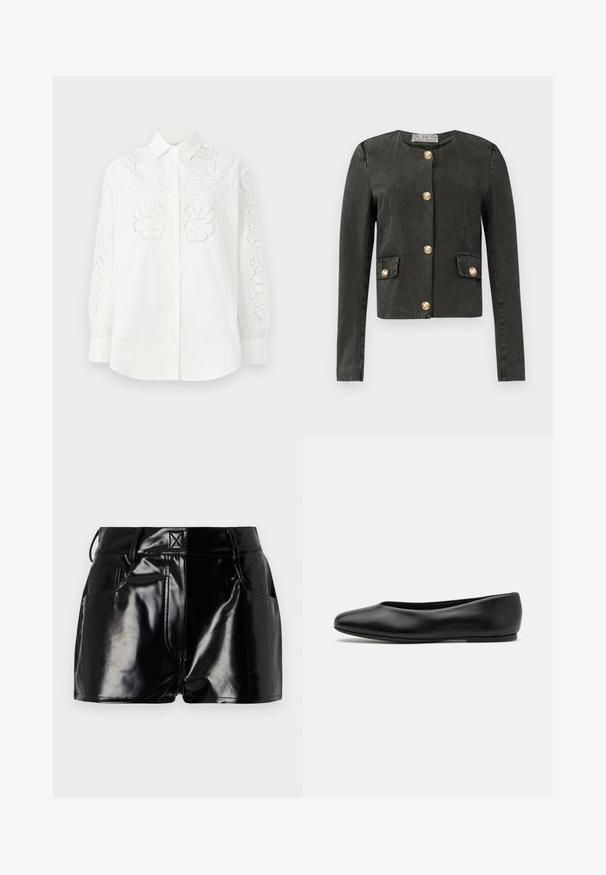 Dark gray long-sleeve jacket with gold decorative buttons down the front and on faux flap pockets, round neckline, and fitted cut.; White button-up shirt featuring floral lace detailing on both sleeves and front. Made of cotton with a classic collar and long sleeves.; Black, glossy shorts made of synthetic material. Features a fitted waist, belt loops, and front pockets with prominent stitching details.; Paul Smith TOPANGA - Ballet pumps - black