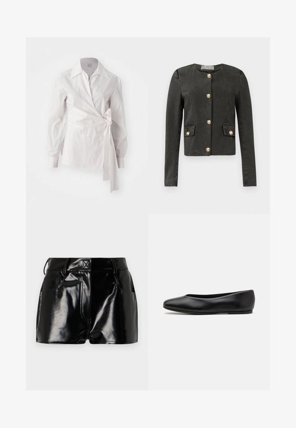 Tamno siva jakna dugih rukava s zlatnim dekorativnim gumbima duž prednje strane i na lažnim džepovima, okrugli izrez i uski kroj.; Bijela bluzica dugih rukava s omčom, klasičnim ovratnikom i detaljem čvora sa strane na jednobojnoj pozadini.; Crne, sjajne kratke hlače napravljene od sintetičkog materijala. Imaju uski pojas, petljice za pojas i prednje džepove sa istaknutim detaljima šivanja.; Paul Smith TOPANGA - Balerinke - black