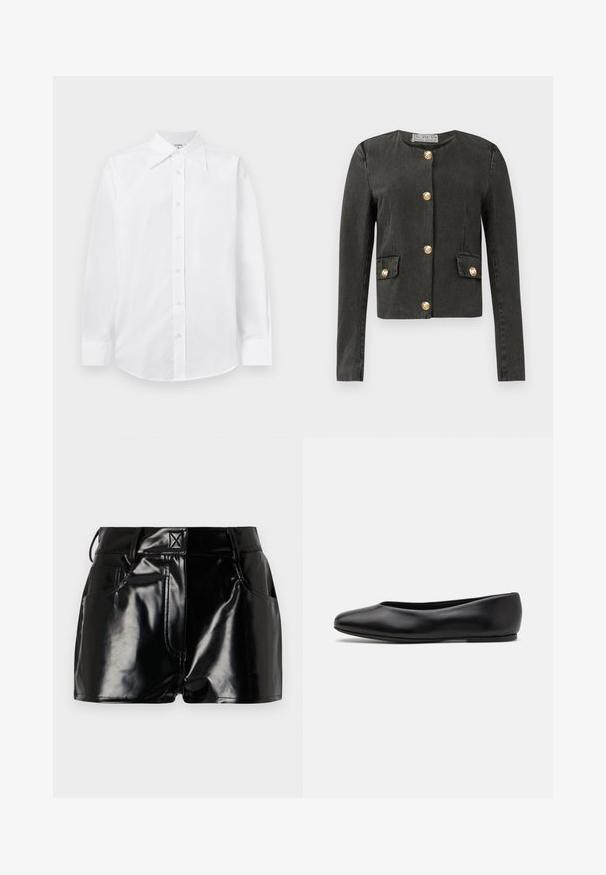 Dark gray long-sleeve jacket with gold decorative buttons down the front and on faux flap pockets, round neckline, and fitted cut.; White fitted shirt with long sleeves, a classic pointed collar, and button front closure. Made of smooth, lightweight fabric.; Black, glossy shorts made of synthetic material. Features a fitted waist, belt loops, and front pockets with prominent stitching details.; Paul Smith TOPANGA - Ballet pumps - black