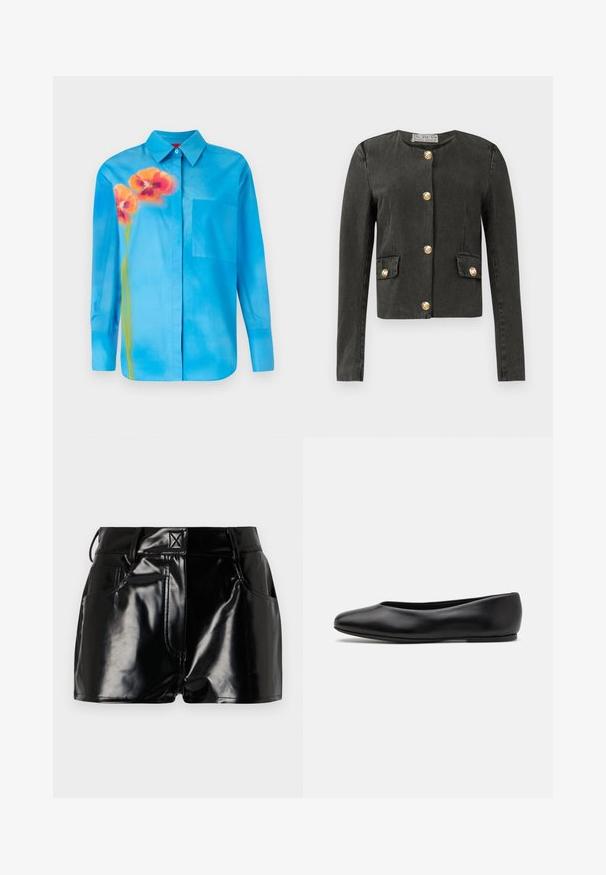 Dark gray long-sleeve jacket with gold decorative buttons down the front and on faux flap pockets, round neckline, and fitted cut.; Light blue button-up shirt made of smooth fabric. Features an orange flower print and a breast pocket on the left side.; Black, glossy shorts made of synthetic material. Features a fitted waist, belt loops, and front pockets with prominent stitching details.; Paul Smith TOPANGA - Ballet pumps - black