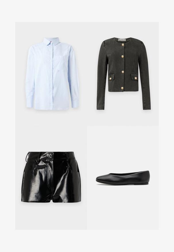 Chaqueta de manga larga gris oscuro con botones decorativos dorados en el frente y en los bolsillos de solapa falsos, cuello redondo y corte ajustado.; Camisa de botón de manga larga azul claro con sutiles rayas verticales y un bolsillo en el pecho, exhibida sobre un fondo blanco.; Shorts negros y brillantes de material sintético. Presentan una cintura ajustada, trabillas para el cinturón y bolsillos frontales con detalles de costura prominentes.; Paul Smith TOPANGA - Bailarinas - black