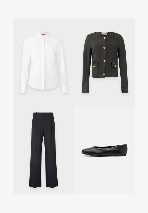 Mørkegrå langærmet jakke med gyldne dekorative knapper ned langs fronten og på falske klaplommer, rund halsudskæring og tætsiddende pasform.; Hvid langærmet skjorte med knapper og spids krave, skjult knaplukning og skræddersyet pasform på en ensfarvet baggrund.; Mørkeblå stribede bukser med høj talje, vidde bendesign og ingen synlig hardware eller dekorationer. Glat tekstur og skræddersyet pasform.; Paul Smith TOPANGA - Ballerinasko - black