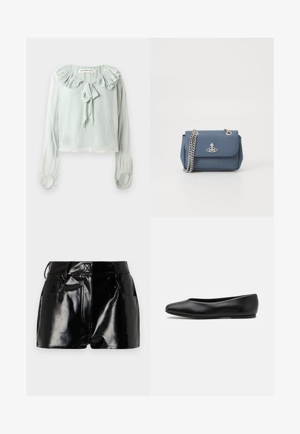 Giacca a maniche lunghe grigia scura con bottoni decorativi dorati lungo la parte anteriore e sulle tasche finte a pattina, scollatura rotonda e taglio aderente.; Blusa verde chiaro con scollatura arricciata, dettagli a fiocco e maniche lunghe. Realizzata in tessuto morbido e fluente con polsini arricciati.; Shorts neri e lucidi realizzati in materiale sintetico. Presentano una vita aderente, passanti per la cintura e tasche frontali con evidenti dettagli di cucitura.; Paul Smith TOPANGA - Ballerine - black; Borsa a tracolla in finta pelle blu con una texture, dotata di una catena argentata e un logo sulla parte anteriore. Chiusura a scatto con un design a pattina.