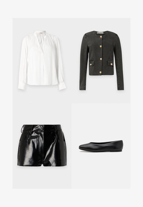 Czarna, ciemnoszara kurtka z długim rękawem z złotymi dekoracyjnymi guzikami z przodu oraz na fałszywych kieszeniach, okrągłym dekoltem i dopasowanym krojem.; Biała bluzka z długim rękawem, z kołnierzykiem mandarynkowym, plisowanym dekoltem i zapinanymi mankietami. Wykonana z gładkiego, lekkiego materiału.; Czarne, błyszczące spodenki wykonane z materiału syntetycznego. Posiadają dopasowaną talię, szlufki na pasek oraz przednie kieszenie z wyraźnymi detalami stębnowania.; Paul Smith TOPANGA czarny