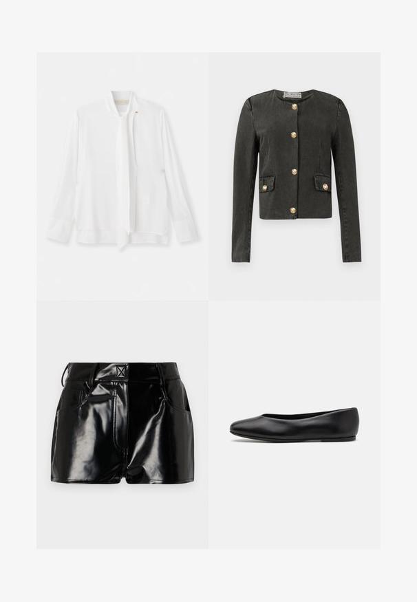 Dunkelgraue Langarmjacke mit goldenen dekorativen Knöpfen an der Vorderseite und an den falschen Klappentaschen, runder Ausschnitt und taillierter Schnitt.; Vanessa Bruno ESTEBAN - Bluse - ecru; Schwarze, glänzende Shorts aus synthetischem Material. Mit einem taillierten Bund, Gürtelschlaufen und vorderen Taschen mit auffälligen Nähdetails.; Paul Smith TOPANGA - Klassischer Ballerina - black