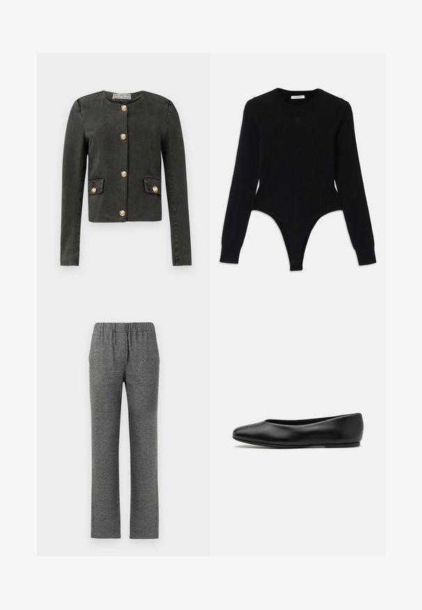 Veste à manches longues gris foncé avec des boutons décoratifs dorés sur le devant et sur des poches à rabat en simili, encolure ronde et coupe ajustée.; Bodysuit noir à manches longues avec un col rond, design ajusté et fond style thong. Fabriqué en tissu doux et élastique pour plus de confort.; Pantalons gris texturés avec une taille élastique et une coupe droite. Présente un motif subtil pour un intérêt visuel supplémentaire.; Paul Smith TOPANGA - Ballerines - black