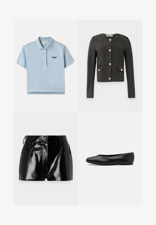 Tummanharmaa pitkähihainen takki, jossa on kultaiset koristepainikkeet edessä ja koristeellisissa taskuissa, pyöreä pääntie ja vartalonmyötäinen leikkaus.; Vaaleansiniinen puuvillapaita lyhyillä hihoilla, kolmesta napista varustettu kaulus ja pieni tummansininen brodeerattu logo rinnassa. Lyhennetty malli.; Lyhyet mustat kiiltävät shortsit, jotka on valmistettu synteettisestä materiaalista. Niissä on hyvä istuvuus vyötäröllä, vyölenkit ja etutaskut, joissa on näkyvät ompeluyksityiskohdat.; Paul Smith TOPANGA - Ballerinat - black