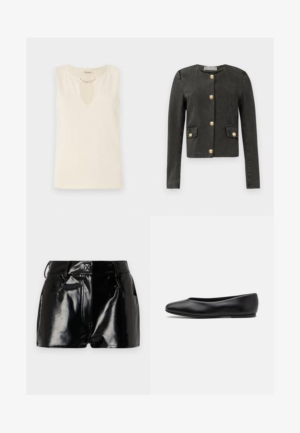 Chaqueta de manga larga gris oscuro con botones decorativos dorados en el frente y en los bolsillos de solapa falsos, cuello redondo y corte ajustado.; Top sin mangas en tela color crema con escote de ojal adornado con embellishments decorativos en forma de hoja. Corte sencillo y textura suave.; Shorts negros y brillantes de material sintético. Presentan una cintura ajustada, trabillas para el cinturón y bolsillos frontales con detalles de costura prominentes.; Paul Smith TOPANGA - Bailarinas - black