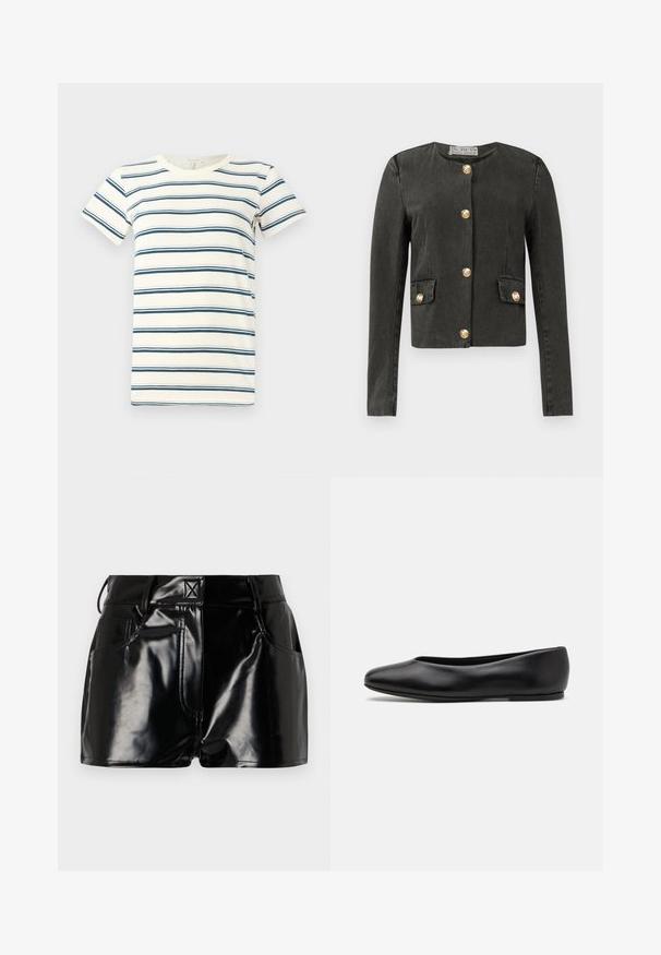 Chaqueta de manga larga gris oscuro con botones decorativos dorados en el frente y en los bolsillos de solapa falsos, cuello redondo y corte ajustado.; Camiseta de rayas que presenta líneas alternas en azul y azul oscuro sobre un fondo crema, con cuello redondo y mangas cortas. Tejido suave.; Shorts negros y brillantes de material sintético. Presentan una cintura ajustada, trabillas para el cinturón y bolsillos frontales con detalles de costura prominentes.; Paul Smith TOPANGA - Bailarinas - black