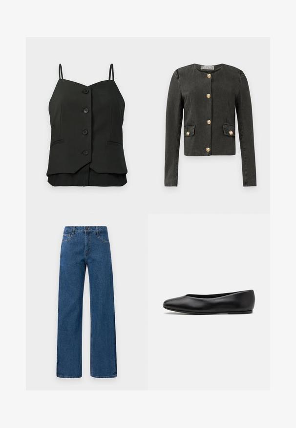 Tummanharmaa pitkähihainen takki, jossa on kultaiset koristepainikkeet edessä ja koristeellisissa taskuissa, pyöreä pääntie ja vartalonmyötäinen leikkaus.; Mustat hihattomat nappipuserot ohuiden olkahihnojen kanssa ja kaksi pientä ommeltua taskua etupuolella.; Siniset korkea vyötäröiset leveät lahkeiset farkut, joissa on etu- ja takataskut, napitus ja näkyvät tikkaukset valkoisella taustalla.; Paul Smith TOPANGA - Ballerinat - black