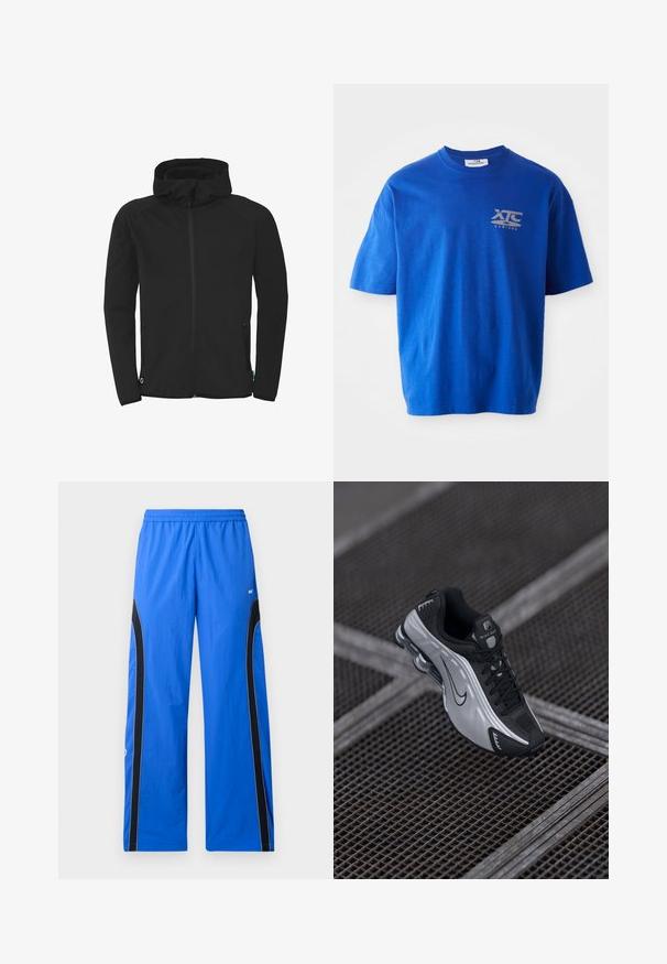 Schwarze Zip-Hoodie-Jacke mit Raglanärmeln, zwei Seitentaschen und glatter Textur. Verfügt über einen durchgehenden Reißverschluss und keine sichtbaren Muster.; Blaues Baumwoll-T-Shirt mit kurzen Ärmeln, mit einem grauen Logo auf der oberen linken Brust, Rundhalsausschnitt und entspanntem Schnitt.; Blaue Sporthosen aus leichtem Stoff, mit schwarzen seitlichen Einsätzen und weißen Paspelierungen. Elastischer Bund für einen sicheren Sitz.; Nike Sportsschuh mit einem schwarzen und silbernen Design. Hergestellt aus synthetischem Material mit Mesh-Akzenten und einer stützenden Sohle mit sichtbarer Air-Dämpfung.