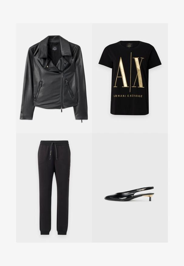 Melna mākslīgās ādas motociklu jaka ar plašiem apmaliem, asimetrisku priekšējo rāvējslēdzēju un divām rāvējslēdzēju kabatām. Gluda tekstūra, pieguļoša forma.; Melna kokvilnas T-krekls ar izteiksmīgu zeltainu "A/X" logotipu un "ARMANI EXCHANGE" tekstu, īsām piedurknēm, apaļu apkakli, gludu tekstūru.; Melnas treniņu bikses, izgatavotas no maiga kokvilnas, ar elastīgu jostu un auklu. Iezīmētas ar ribotām aprocēm un izšūtu tekstu sānos.; Melnas slingback pump kurpes ar smailu purngalu, spīdīgu ādas apdari un mazu papēdi ar zelta akcentu. Elegants dizains ar atvērtu aizmuguri.