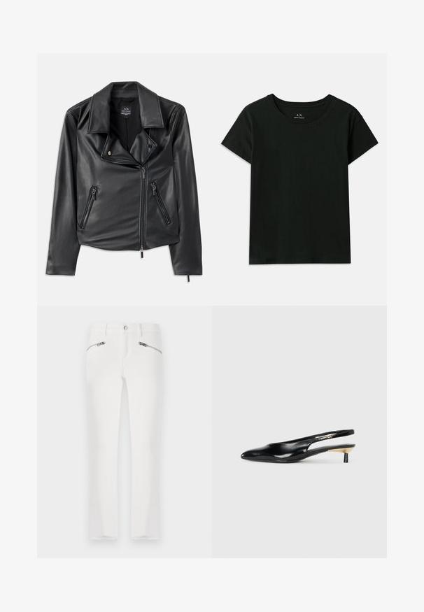 Mustmust nahkaga mootorrattajakk laia krae, asümmeetrilise esi tõmbluku ja kahe tõmblukuga taskuga. Sile tekstuur, sobiv kuju.; Must have lühikeste varrukatega must T-särk, mis on valmistatud puuvillast. Omab ümarat kaelaauku ja sissepressitud "Armani Exchange" teksti õlavarre pikkuses. Lihtne disain.; Valged kitsaste lõigetega teksad, millel on kaks lukuga taskut ees, tavaline vöökoht ja kergelt kulunud ääred. Valmistatud denimpangast.; Mustad seljatoega mustad kontsakingad, millel on terav nina, läikiv nahkviimistlus ja väike kand kuldse detailiga. Sujuv disain avatud seljaprofiiliga.