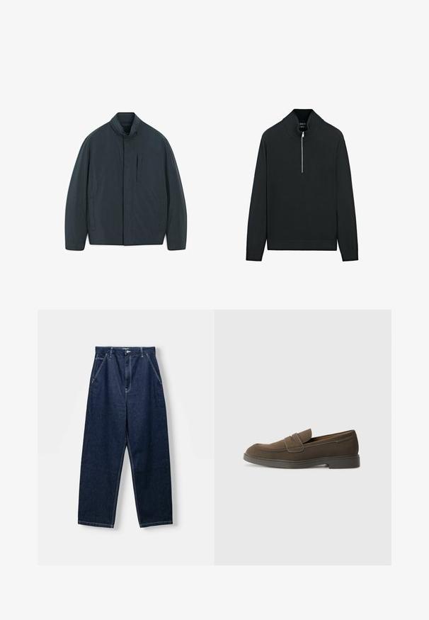 Tmavě modrá bunda s vyšším límcem, horizontální kapsou na zip a dvěma bočními kapsami. Hladký povrch, minimalistický design, žádné vzory.; Černý svetr s vysokým límcem, polovičním zipem vpředu a žebrovanými manžetami a lemem. Vyrobeno z měkkého pleteného materiálu s hladkou texturou.; Tmavě modré, široké džínové kalhoty s vysokým pasem, předními kapsami a viditelným švem. Materiál má hladkou, pevnou strukturu.; Hnědé semišové loafer boty s kulatou špičkou, páskem přes nárt a plochou gumovou podrážkou. Jednoduchý design s čistými liniemi a minimálním zdobením.