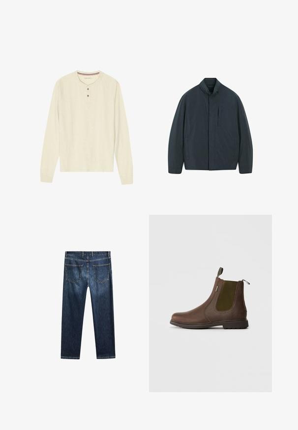 Dunkelblaue Jacke mit Stehkragen, horizontalem Reißverschlusstasche und zwei Seitentaschen. Glatte Textur, minimalistisches Design, keine Muster.; Langärmliges Henley-Hemd aus leichtem cremefarbenem Stoff. Verfügt über eine Drei-Knopf-Leiste und einen rot-blau gestreiften Kragen. Raglanärmel.; Dunkelblaue Jeans aus Denim mit geradem Schnitt, fünf Taschen und kontrastierendem Nähen. Sie verfügen über einen sauberen Bund und Saum.; Braune Leder-Ankle-Boots mit elastischen Seitenpaneelen und einer Zuglasche. Sie verfügen über eine strapazierfähige Gummisohle und eine glatte Oberfläche.