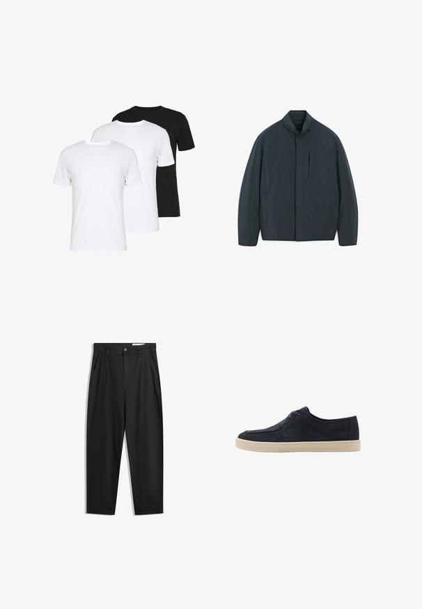 Ciemnoniebieska kurtka z kołnierzem stójkowym, poziomą kieszenią na zamek oraz dwiema kieszeniami bocznymi. Gładka faktura, minimalistyczny design, bez wzorów.; Zestaw trzech t-shirtów: jeden czarny i dwa białe. Każdy ma okrągły dekolt, krótkie rękawy i jest wykonany z gładkiej bawełny.; Czarne bawełniane spodnie o luźnym kroju, z klasycznym pasem, przednimi plisy oraz bocznymi kieszeniami. Gładka struktura, bez wzorów.; Granatowe zamszowe buty o okrągłym nosku, z dwiema oczkami na sznurówki i kremową gumową podeszwą. Gładka tekstura i minimalistyczny design.