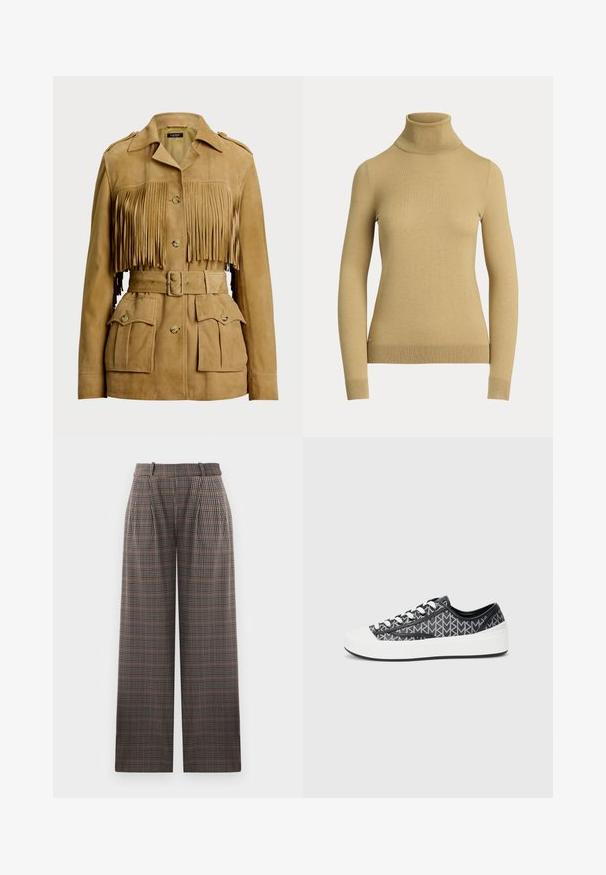 Barna suéd bőr kabát bojtokkal az elején, gombos záródással és állítható övvel. Több elülső zsebbel és vállpánttal rendelkezik.; Világos bézs garbó pulóver, sima, puha kötésből készült. Hosszú ujjak és testhez simuló szabás jellemzi, bordázott aljúval.; Kockás, bő szárú nadrág, redőkkel, magas derékkal, barna, fekete és világoskék színek kombinációjával.; Fekete és szürke mintás tornacipők fehér gumitalppal és orrmerevítővel, fekete fűzőkkel és texturált felső résszel.