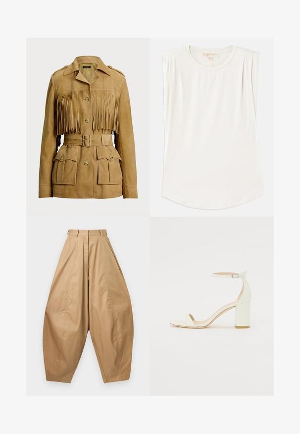 Giacca scamosciata color testa di moro con frange sul davanti, chiusura a bottoni e cintura regolabile. Presenta diverse tasche frontali e spalline.; Top bianco senza maniche realizzato in tessuto liscio, con scollatura rotonda e pieghe sottili sulle spalle, dotato di un orlo curvo.; Pantaloni beige a vita alta e gamba larga, con pieghe, passanti per cintura e orli svasati, esposti su uno sfondo bianco.; Sandal con tacco cubano bianco in pelle, caratterizzata da una cinghia alla caviglia con fibbia e design minimalista. Punta aperta e texture liscia in tutto il sandalo.