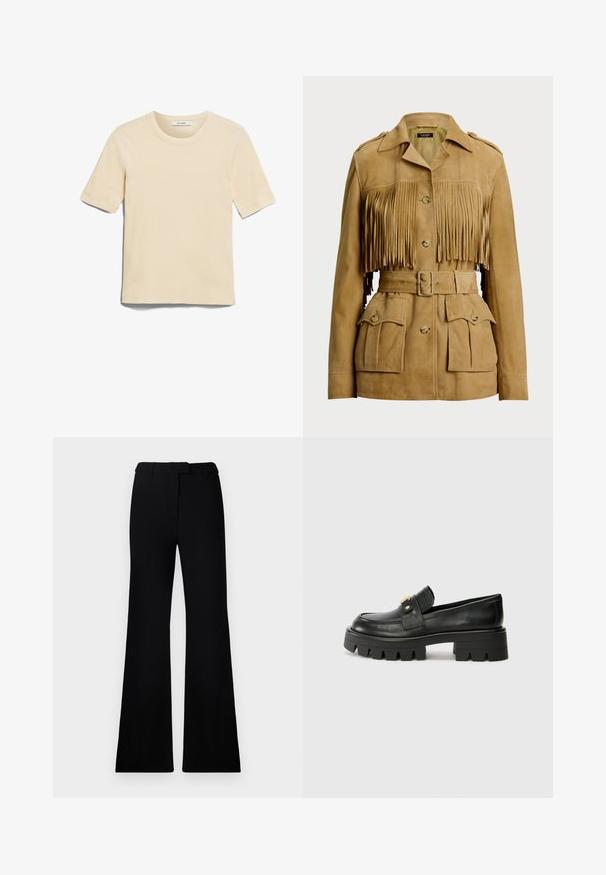 Barna suéd bőr kabát bojtokkal az elején, gombos záródással és állítható övvel. Több elülső zsebbel és vállpánttal rendelkezik.; Rövid ujjú, kerek nyakú póló világos bézs színben. Puha szövetből készült, sima tapintással, az "IVY OAK" feliratú címkével.; Fekete, harangszárú nadrág sima textúrával, precíziós derékrésszel és elülső zsebekkel, amely egy sima, modern sziluettet tervez.; Fekete bőr loaferek masszív talppal, elöl arany színű díszítéssel és sima felülettel. A talpon vastag mintázat található.