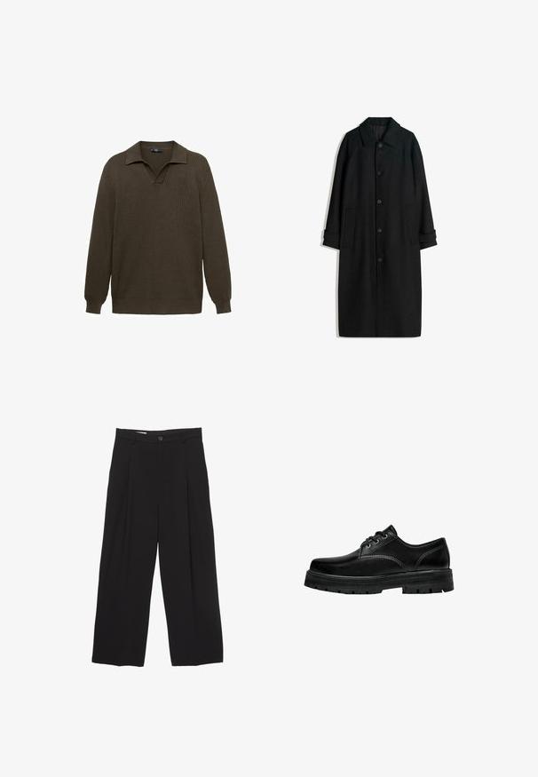 Czarny wełniany płaszcz z kołnierzem, długimi rękawami, guzikami z przodu i bocznymi kieszeniami. Design jest minimalistyczny z elegancką sylwetką.; Oliwkowy sweter dzianinowy z kołnierzykiem w serek, długimi rękawami, prążkowaną teksturą i luźnym krojem. Brak widocznych wyraźnych wzorów lub akcentów.; Czarne spodnie o szerokich nogawkach, wykonane z gładkiego materiału, z płaskim pasem, plisami z przodu oraz pojedynczym zapięciem na guzik.; Czarne skórzane buty na sznurówki z okrągłym noskiem, teksturowanym wykończeniem i grubą gumową podeszwą z głębokim bieżnikiem zapewniającym przyczepność.