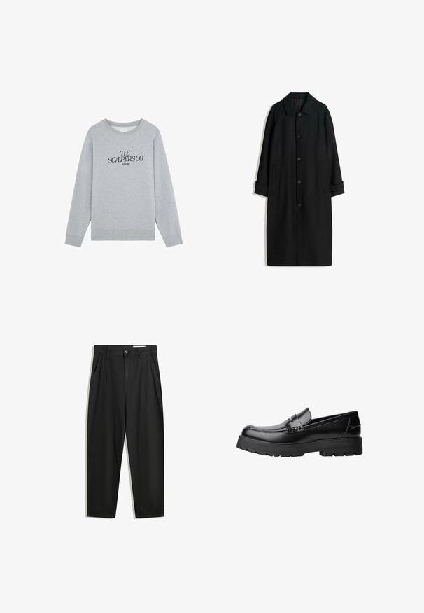 Schwarzer Wollmantel mit Kragen, langen Ärmeln, Knöpfen vorne und Seitentaschen. Das Design ist minimalistisch mit einer eleganten Silhouette.; Grauer Baumwollpullover mit Rundhalsausschnitt, langen Ärmeln und gerippten Bündchen. Mit schwarzem Text: "THE SCALPERS CO. ATELIER."; Schwarze Baumwollhose mit lockerem Schnitt, ausgestattet mit einem klassischen Bund, vorderen Falten und Seiten taschen. Glatte Textur ohne Muster.; Schwarzer Lederloafer mit grobem, rutschfestem Sohlenprofil und dekorativem Riemen über der Oberseite, seitlich links auf weißem Hintergrund abgebildet.