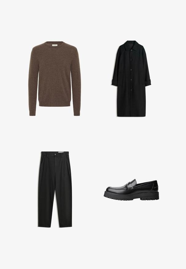 Black wool coat with a collar, long sleeves, buttons down the front, and side pockets. The design is minimalist with a sleek silhouette.; Brown knit sweater featuring a round neckline, long sleeves, and a soft texture. Simple design with no visible patterns or accents.; Black cotton trousers with a relaxed fit, featuring a classic waistband, front pleats, and side pockets. Smooth texture without patterns.; Black leather loafer with chunky treaded sole and decorative strap across the upper, shown in left side profile on white background.