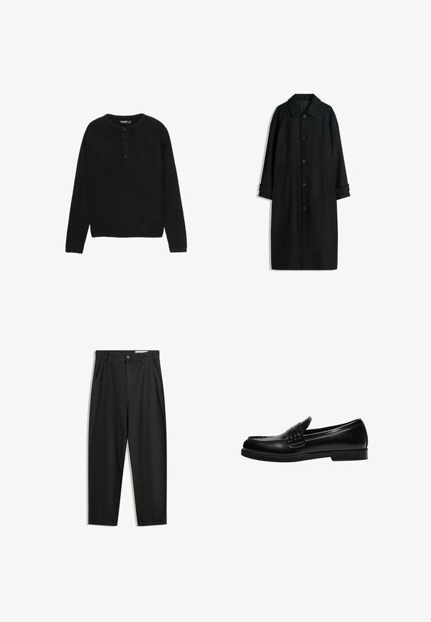 Crni kaput od vune s ovratnikom, dugim rukavima, gumbima sprijeda i bočnim džepovima. Dizajn je minimalistički s elegantnom siluetom.; Crni džemper dugih rukava od rebrastog materijala, s okruglim izrezom i plaketom s dugmadi sprijeda koja sadrži tri dugmeta.; Crne pamučne hlače s opuštenim krojem, s klasičnim pojasom, prednjim nabranjima i bočnim džepovima. Glatka tekstura bez uzoraka.; Crna kožna loafer cipela s glatkom površinom, koja ima šavnu obradu na gornjem dijelu i nisku, čvrstu crnu gumenu podlogu.