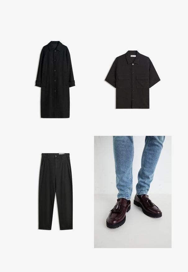 Cappotto di lana nera con colletto, maniche lunghe, bottoni lungo la parte anteriore e tasche laterali. Il design è minimalista con una silhouette elegante.; Camicetta nera a maniche corte realizzata in tessuto con una trama liscia, presenta due tasche frontali, un colletto classico e chiusura con bottoni.; Pantaloni in cotone neri con una vestibilità rilassata, dotati di una vita classica, pieghe frontali e tasche laterali. Tessuto liscio senza fantasie.; Mocassini in pelle bordeaux con nappine e superficie texturizzata, abbinati a jeans in denim azzurro chiaro. Suola in gomma nera visibile.