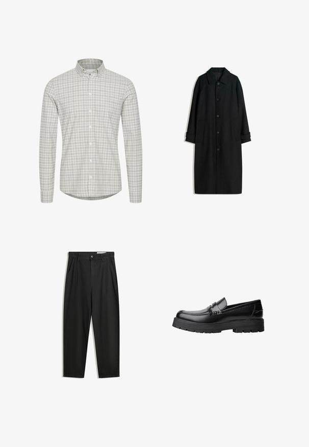 Cappotto di lana nera con colletto, maniche lunghe, bottoni lungo la parte anteriore e tasche laterali. Il design è minimalista con una silhouette elegante.; Camicia bianca con un motivo a righe grigie chiare e scure, caratterizzata da maniche lunghe e un design del colletto classico.; Pantaloni in cotone neri con una vestibilità rilassata, dotati di una vita classica, pieghe frontali e tasche laterali. Tessuto liscio senza fantasie.; Mocassino in pelle nera con suola spessa e tassellata e fascia decorativa sulla parte superiore, mostrato in profilo sinistro su sfondo bianco.