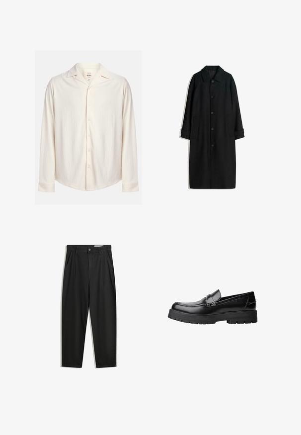 Svart ullrock med krage, långa ärmar, knappar framtill och sidofickor. Designen är minimalistisk med en elegant silhuett.; Krämfärgad knapp-up skjorta med långa ärmar, en texturerad randig design och en vikkrage. Har en rundad nederkant och knappdetaljer.; Svarta bomullsshorts med avslappnad passform, med en klassisk midja, framveck och sidfickor. Slät textur utan mönster.; Svart läderloafer med kraftig mönstrad sula och dekorativ rem över framtill, visad i vänster sidoprofil på vit bakgrund.