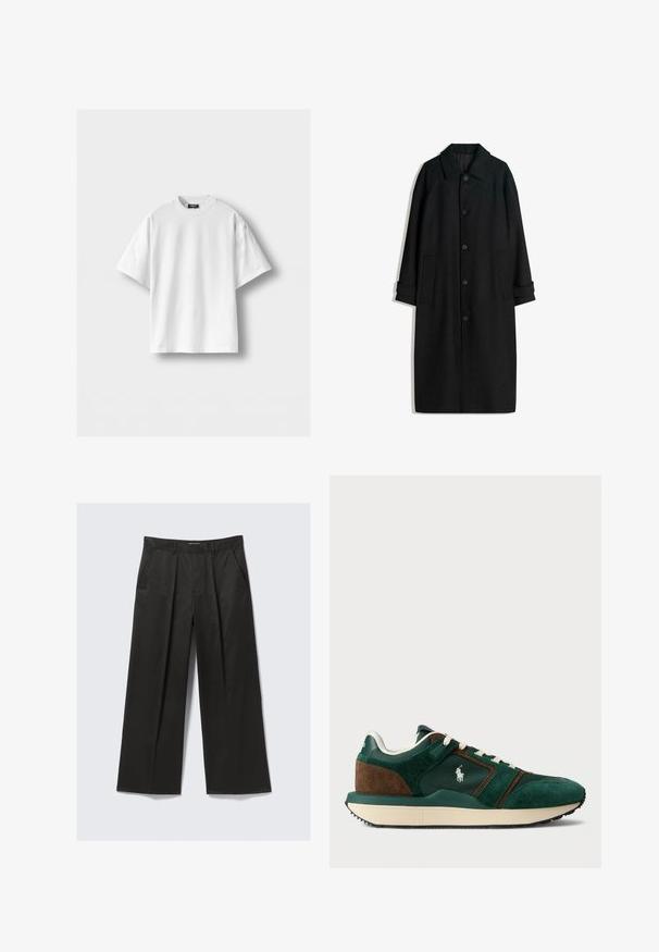 Čierny vlnený kabát s golierom, dlhými rukávmi, gombíkmi vpredu a bočnými vreckami. Dizajn je minimalistický s elegantnou siluetou.; Biely bavlnený tričko s krátkymi rukávmi, okrúhlym výstrihom a voľným strihom. Hladká textúra, bez vzorov a akcentov.; Čierne široké nohavice s hladkou textúrou, obsahujúce dve predné vrecká a mierne zvýšený pás.; Pánske tenisky v tmavozelenej a hnedej semišovej farbe, s sieťovinovými panelmi, bielymi šnúrkami a gumovou podrážkou. Na boku sa nachádza logo.