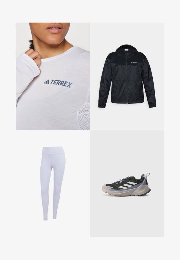 Juoda Columbia striukė su pilnu užtrauktuku, gaubtu ir elastingomis rankovėmis. Pasižymi lygiu, lengvu audiniu su matiniu paviršiumi.; Balta ilgomis rankovėmis marškiniai, kuriuose išryškėja mėlynas "TERREX" logotipas. Audinys yra lengvas, su tekstūruotu tinkleliu akcentais ant pečių.; Šviesiai purpurinės leggingos, pagamintos iš tamprių audinių. Aukštu liemeniu, su lygiu paviršiumi ir be matomų siūlių ar raštų.; Juodas sportinis batas su Gore-Tex viršumi, baltomis juostelėmis, purpuriniais akcentais, storu pilku viduriniu padu ir tekstūruotu pilku išoriniu padu, kuris suteikia sukibimą.
