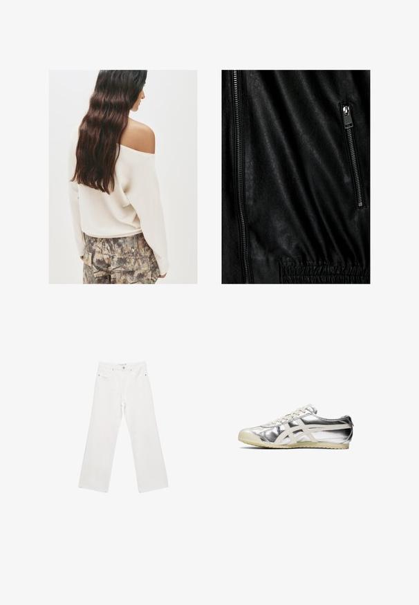 Svart läderjacka med en strukturerad yta, en silverfärgad dragkedja framtill och elastiska detaljer vid midjan.; Off-shoulder gräddvit tröja med långa ärmar, kombinerad med mönstrade cargobyxor i jordiga toner och texturerad tyg.; Vita denim byxmbyxor med vida ben som har en klassisk femficksdesign, metallbeslag och kontrasterande sömmar. Slät textur och avslappnad passform.; Silvriga metalliska sneakers med vita detaljer och snören. Har en texturerad yta, rund tå och en gummisula med ett mönster för grepp.