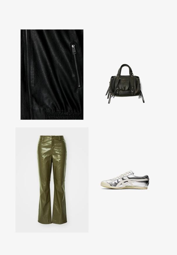 Giubbotto di pelle nera con una superficie strutturata, una cerniera argentata frontalmente e dettagli elasticizzati in vita.; Due camicie senza maniche: una beige e una nera. Entrambe hanno spalline sottili, un design aderente e una texture morbida e liscia.; Pantaloni in ecopelle verde oliva con texture a coccodrillo, caratterizzati da una vita aderente e gambe svasate. Il materiale ha una finitura lucida.; Sneaker metallica argento con accenti e lacci bianchi. Presenta una superficie testurizzata, punta rotonda e una suola in gomma con un motivo per una migliore aderenza.; Borsa a tracolla in pelle nera con manici intrecciati, tasca con zip e nappine pendenti. Superficie texturizzata con borchie metalliche e dettagli in metallo.